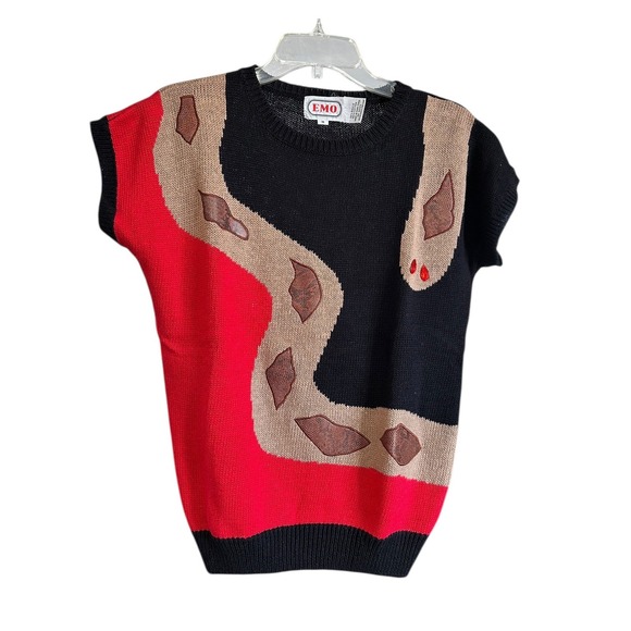 Emoji Tops - EMO Vintage 80s Snake Patch Knit Vest Sweater Black Red Tan Women's Medium